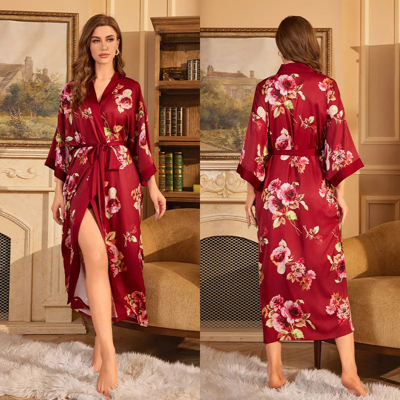 Women's Floral Satin Kimono Robe – Lace-Up Silk Bathrobe Satin Kimono Robe Axl 04 One Size
