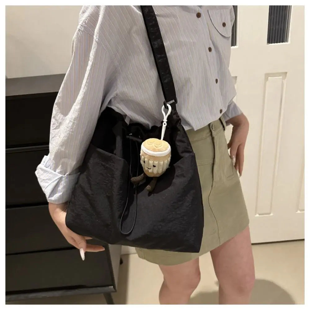 Women's Nylon Drawstring Tote – Waterproof Crossbody Bucket Bag Drawstring Bucket Bag Axl black-with pendant