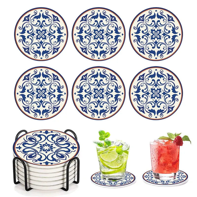 Ceramic Stone Coaster Set of 6 | Spanish Floral with Holder Ceramic Coaster Set Axl