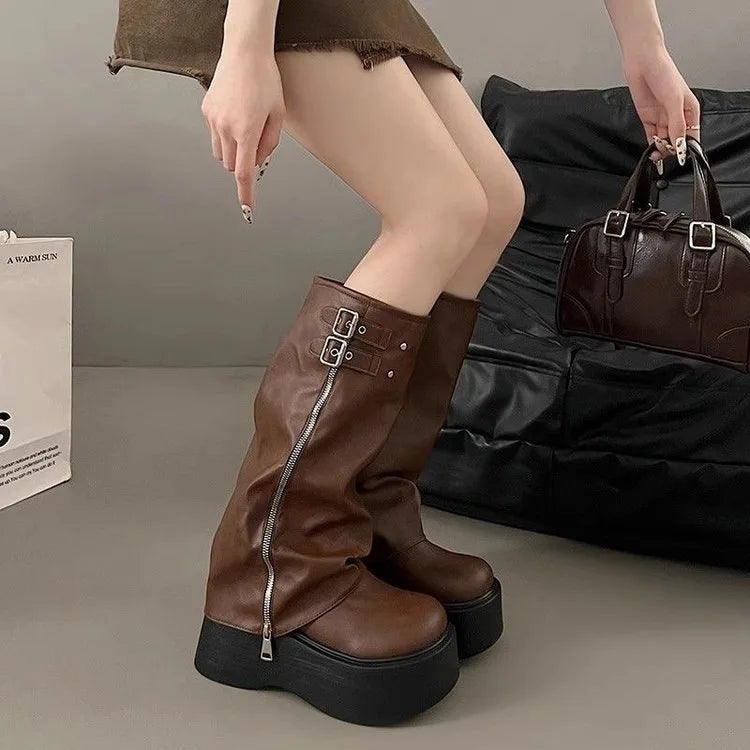YBQJOO Women's Stretch Sock Boots – Thick Block Heel Mid-Calf Women's Ankle Boots Axl Brown 40