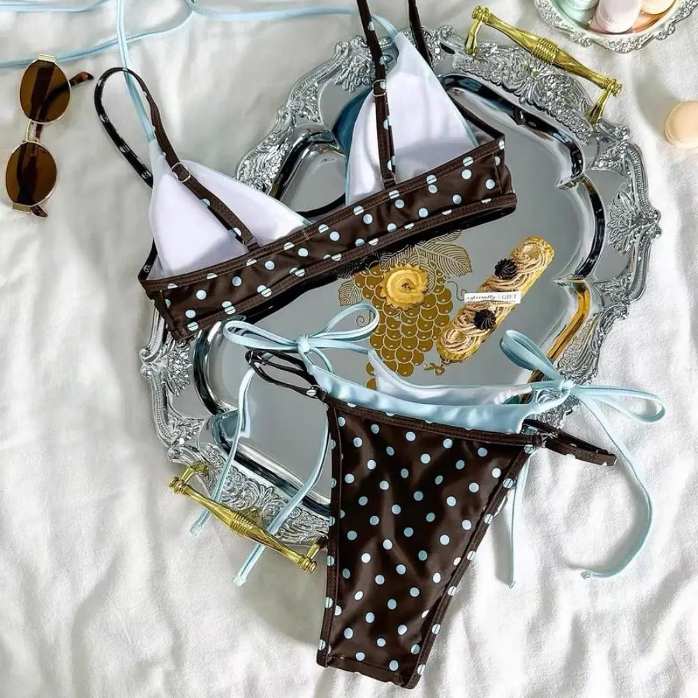 Polka Dot Halter Bikini Set – Push Up Deep V Lace-Up Swimwear Halter Bikini Set Axl
