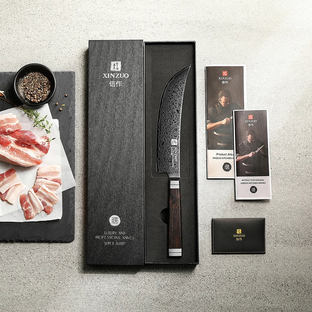 XINZUO 7.5" Damascus Steel Viking Knife – 67-Layer Ebony Handle Damascus Kitchen Knife Axl