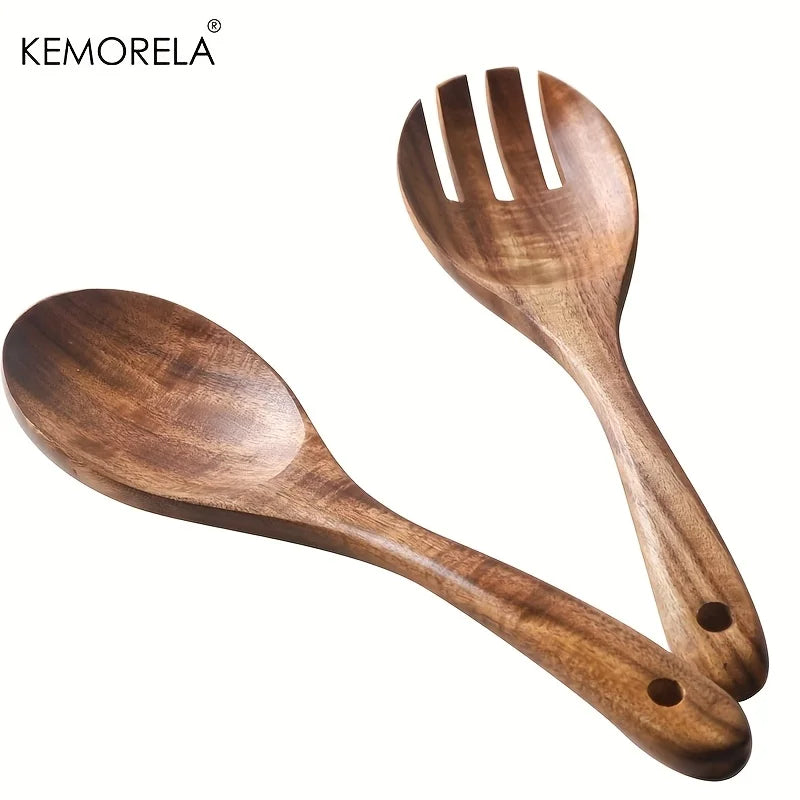 KEMORELA Acacia Wood Salad Servers – Long Handle Spoon & Fork Wood Salad Servers Axl 1 Set