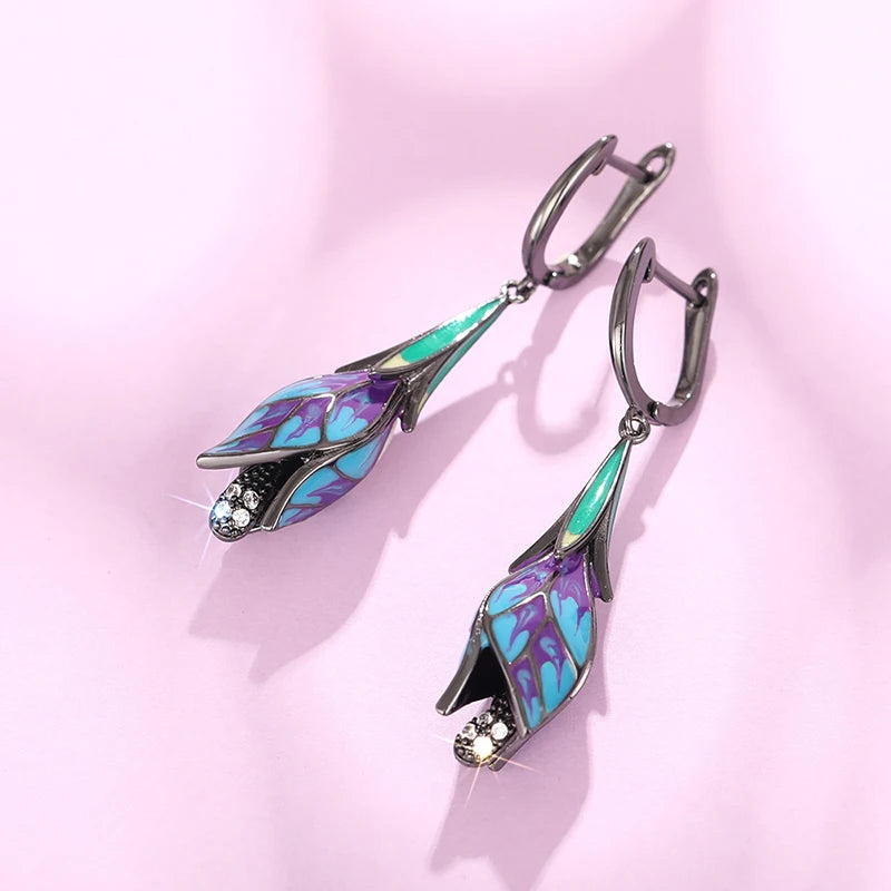 Huitan Black Tulip Flower Dangle Earrings | Women's Jewelry Dangle Drop Earrings Axl