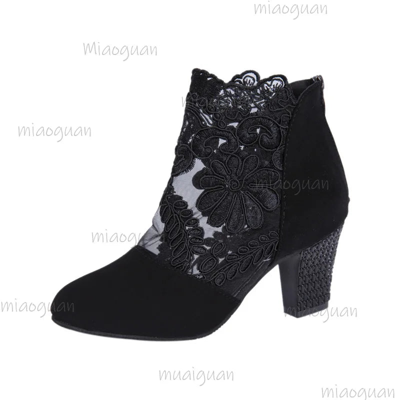 Women's Lace Heeled Gladiator Sandals | Square Heel Booties Heeled Gladiator Sandals Axl