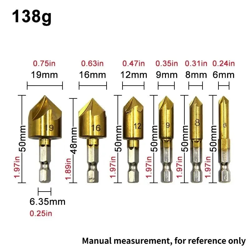 6PC Countersink Drill Bit Set 6–19mm | Titanium Chamfering Tool Countersink Drill Set Axl