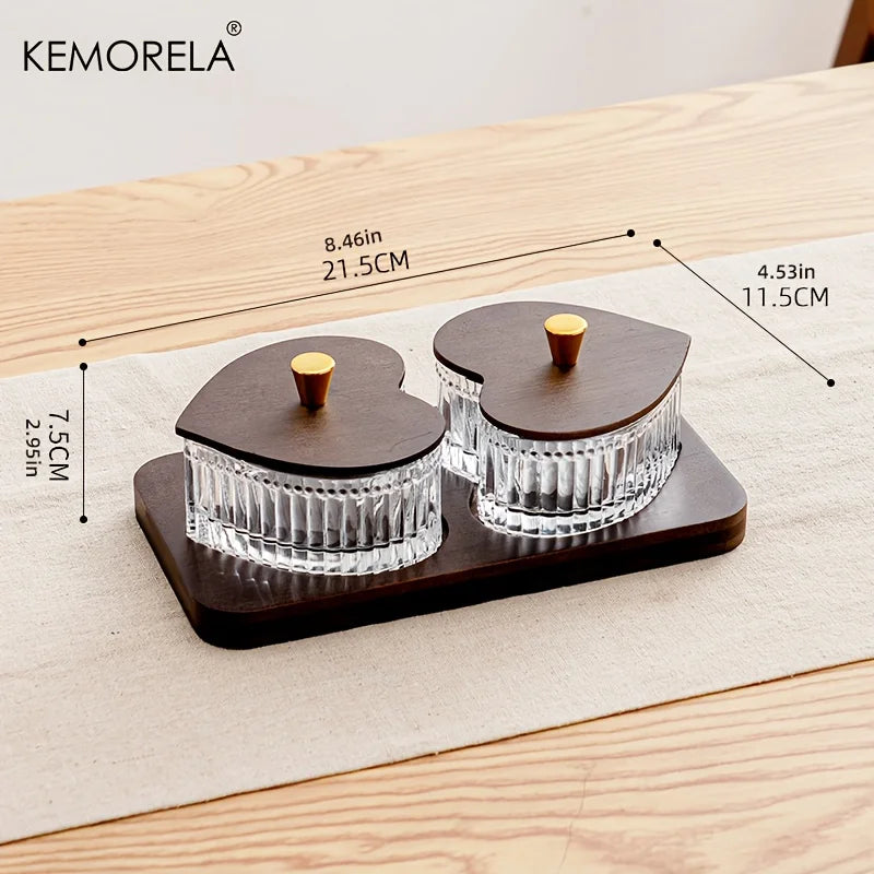 KEMORELA Heart-Shaped Glass & Wood Fruit Dessert Plate Fruit Serving Plate Axl 2PCS