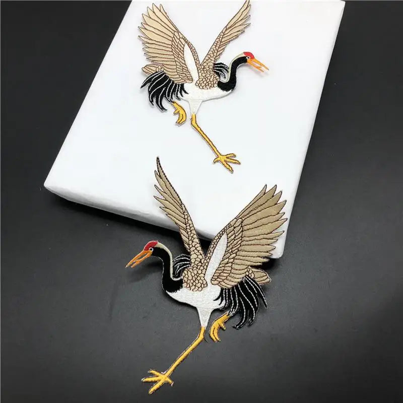 Crane Embroidery Adhesive Patches – Cloth Stickers 2pc Set Embroidery Patch Set Axl