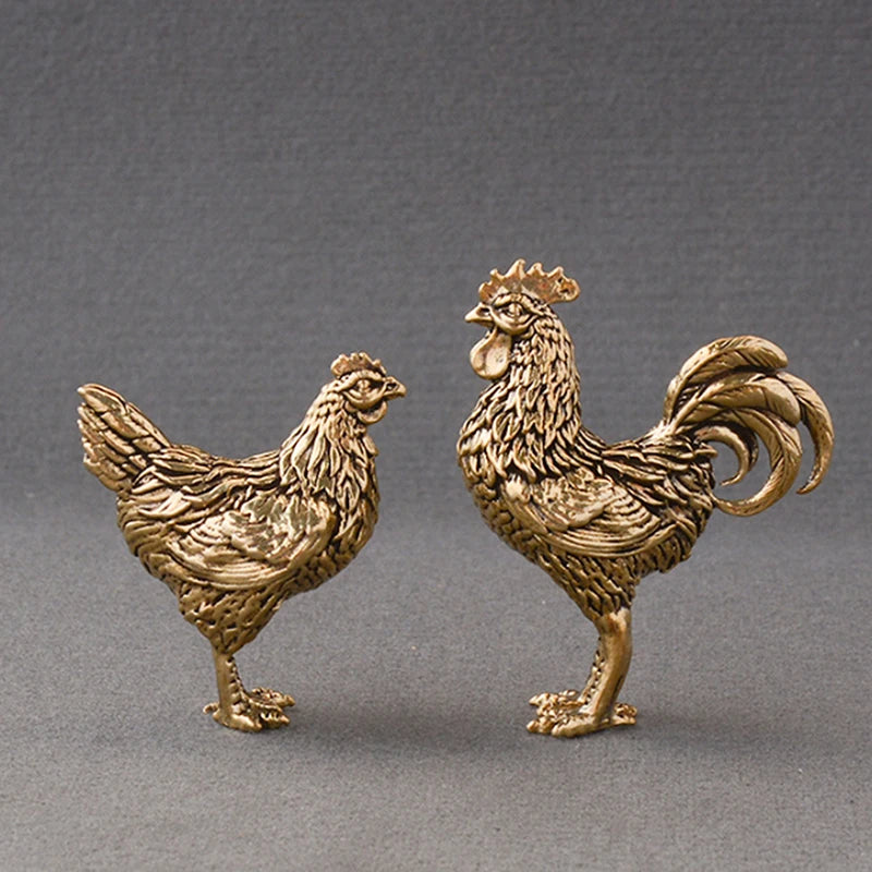 Solid Brass Rooster & Hen Mini Statue – Copper Desk Ornament Miniature Figurine Axl