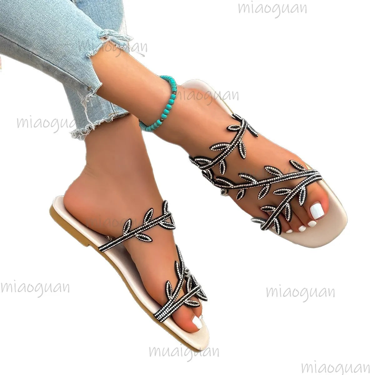 Women's Rhinestone Leaf Flat Slide Sandals | Summer Beach Slippers Flat Slide Sandals Axl