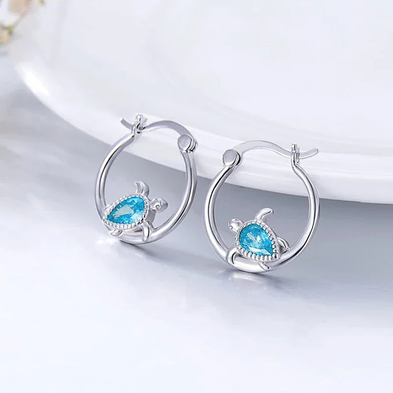 Huitan Turtle Blue CZ Hoop Earrings – Cute Women's Fashion Hoop Earrings Axl E3954