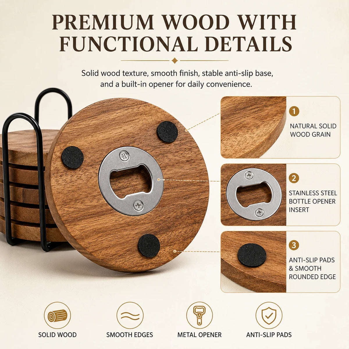 Wooden Coaster with Bottle Opener 2-in-1 | 6 or 8 Pack Bar Coaster Set Axl