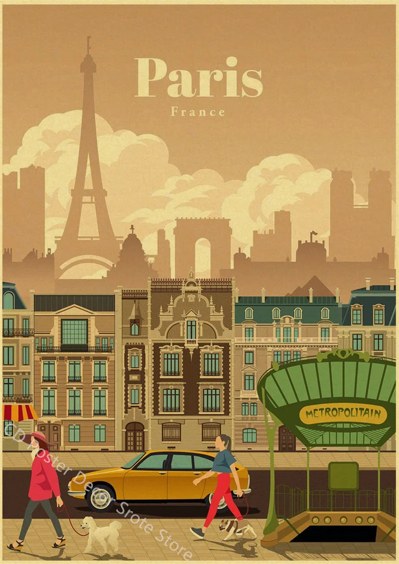 World Cities Retro Travel Poster – Rome Paris Sydney Dubai Art