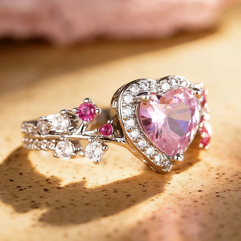 Huitan Pink Heart CZ Ring – Women's Wedding & Engagement Band CZ Fashion Ring Axl