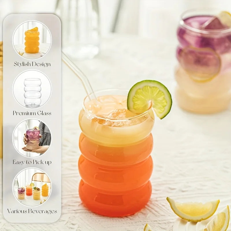 Caterpillar Wave Glass Cups with Straws | Iced Coffee & Drinks Glass Drinkware Set Axl