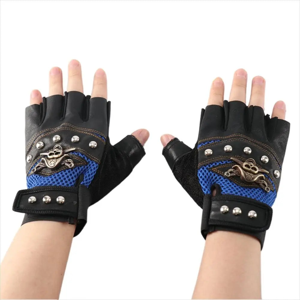 Punk Skull Rivet Half Finger PU Leather Cycling Gloves Cycling Gloves Axl Blue