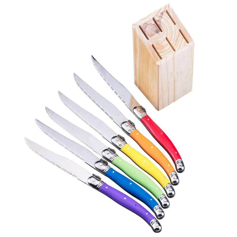 Laguiole-Style Steak Knife Set 6-Piece | Stainless Steel Cutlery Steak Knife Set Axl 6pcs Rainbow in Base