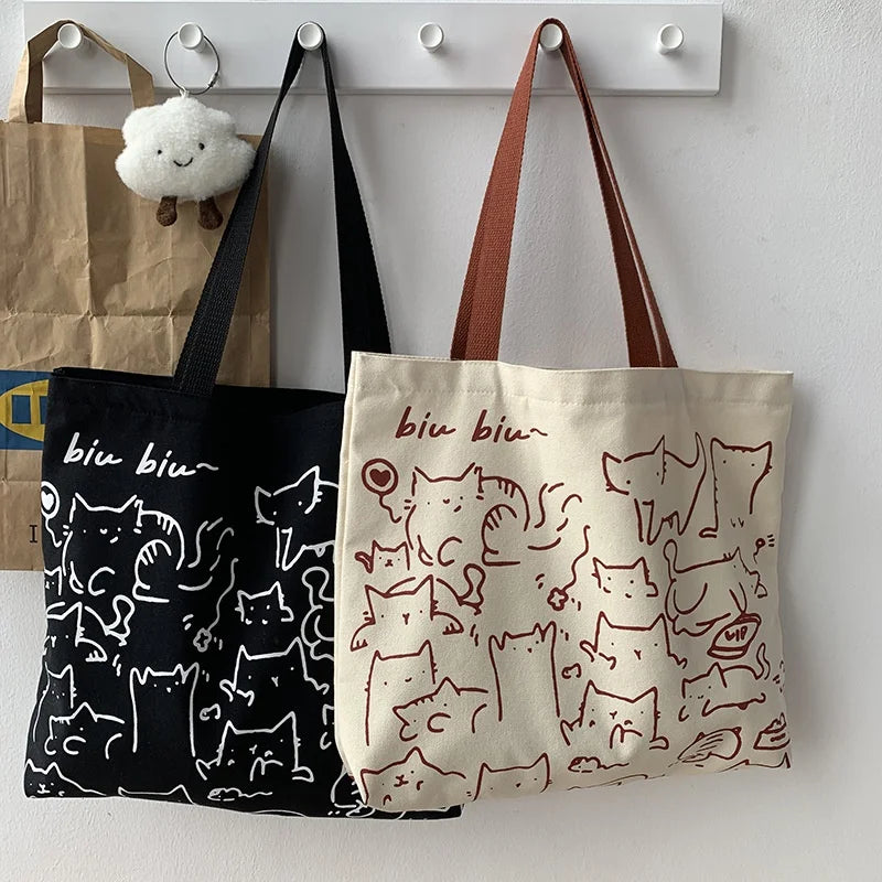 Cute Cat Canvas Tote Bag – Japanese Style Shoulder Bag Canvas Shoulder Tote Axl