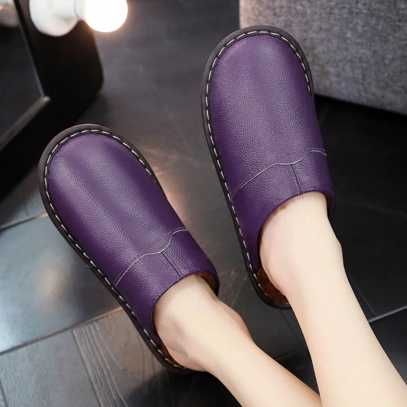 Lorilury Plush Leather Indoor Slippers – Non-Slip Slides Indoor Plush Slippers Axl Purple 34-35