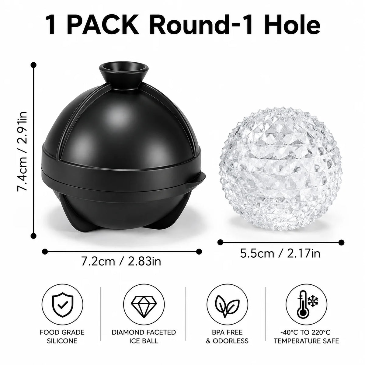 6-Cavity Diamond Silicone Ice Tray with Funnel Lid | Whiskey Bar Silicone Ice Tray Axl 1 PACK Round-1 Hole