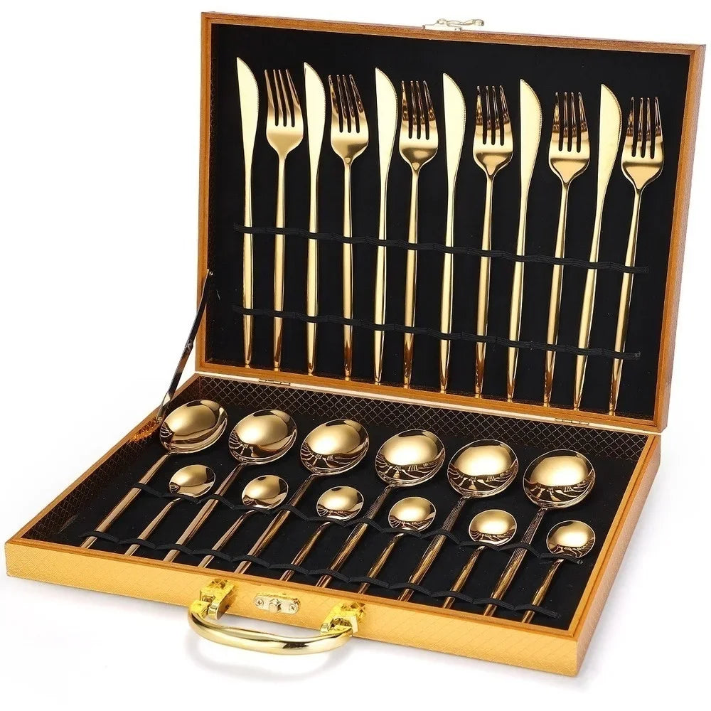 24-Piece Stainless Steel Flatware Set with Gift Box – Serves 6 Flatware Set Axl Gold