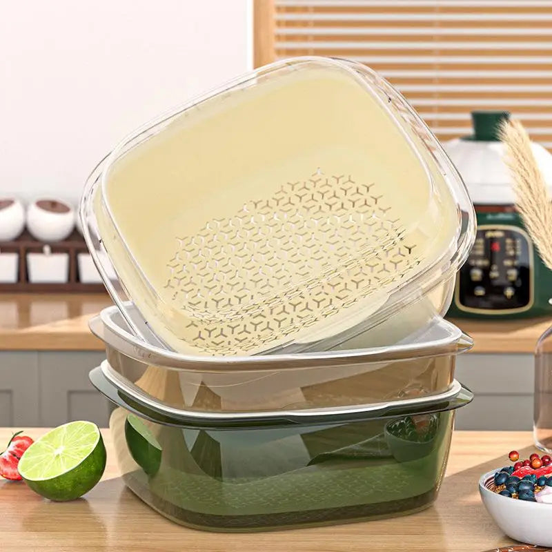 Double Layer Bamboo Fridge Storage Box with Drain Basket & Lid Food Storage Container Axl
