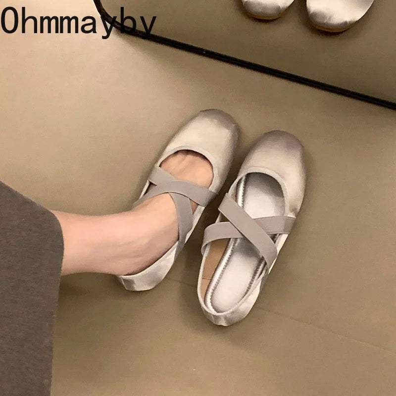 Women's Satin Cross Strap Ballet Flats – Elegant Slip-On Ballet Flat Shoes Axl