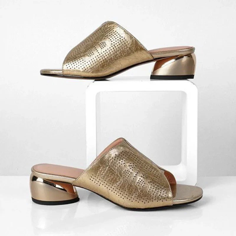 Women's PU Square Heel Slide Sandals – Silver & Gold Summer Heeled Slide Sandals Axl