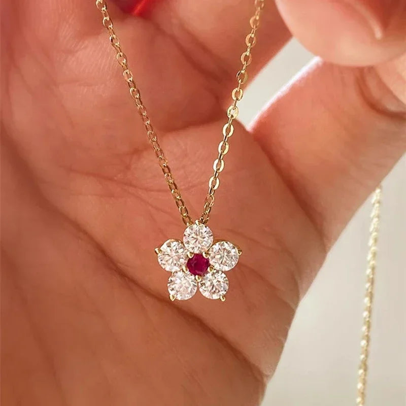 Huitan Flower Pendant Necklace Red CZ | Women's Fashion Pendant Necklace Axl