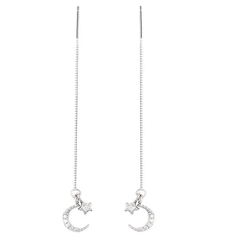 Huitan Moon & Star Long Tassel Drop Earrings – Silver Zirconia Drop Earrings Axl