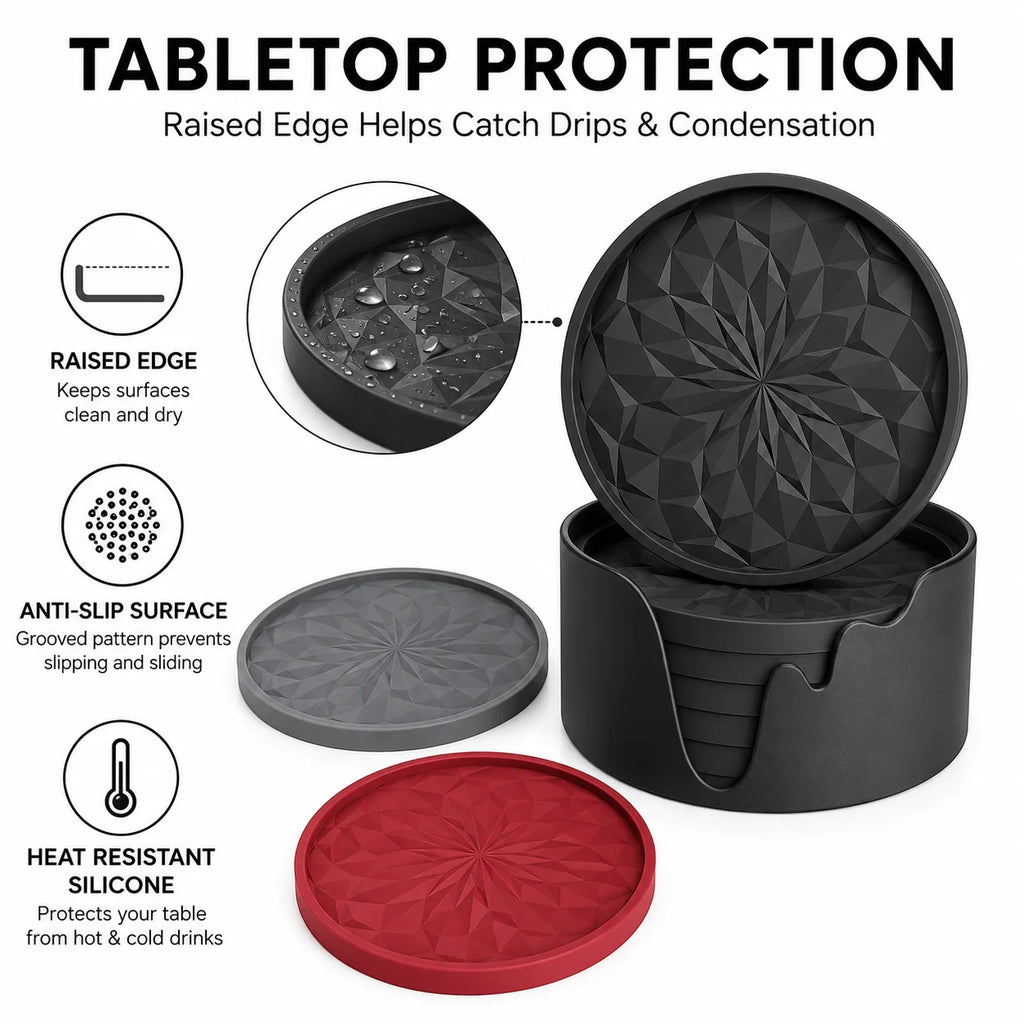 6-Piece Silicone Coasters with Holder – Non-Slip & Heat Safe Silicone Coaster Set Axl