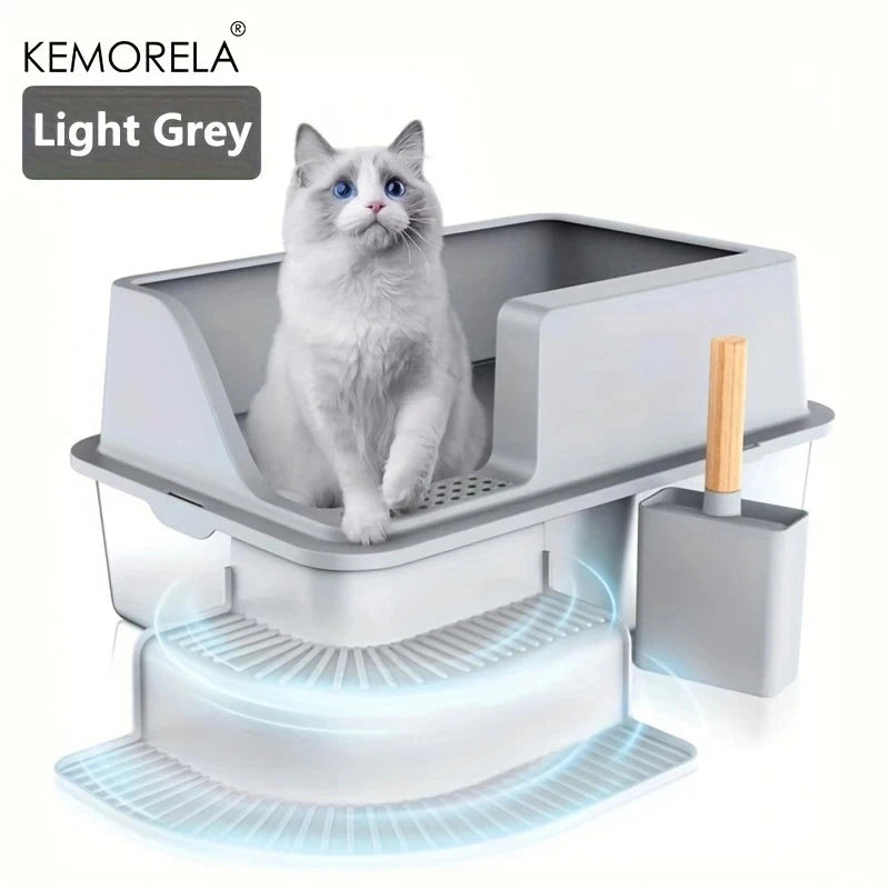 KEMORELA 20L Stainless Steel Cat Litter Box with Stair Foot Pad Cat Litter Box Axl Light Grey