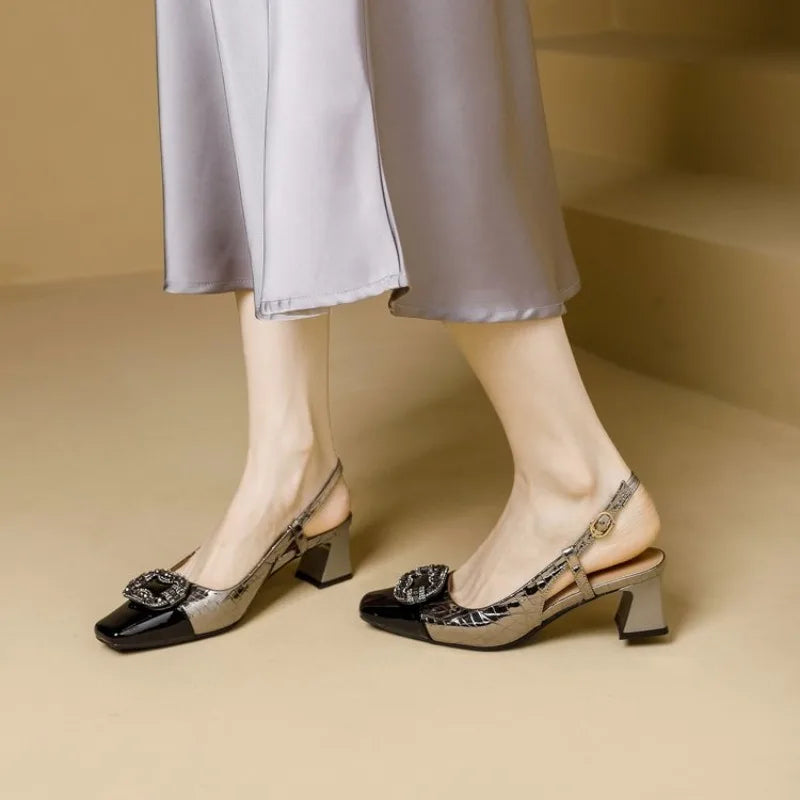 Women's Gunmetal Chunky Heel Pumps | Patent Leather Buckle Sandals Chunky Heel Pumps Axl