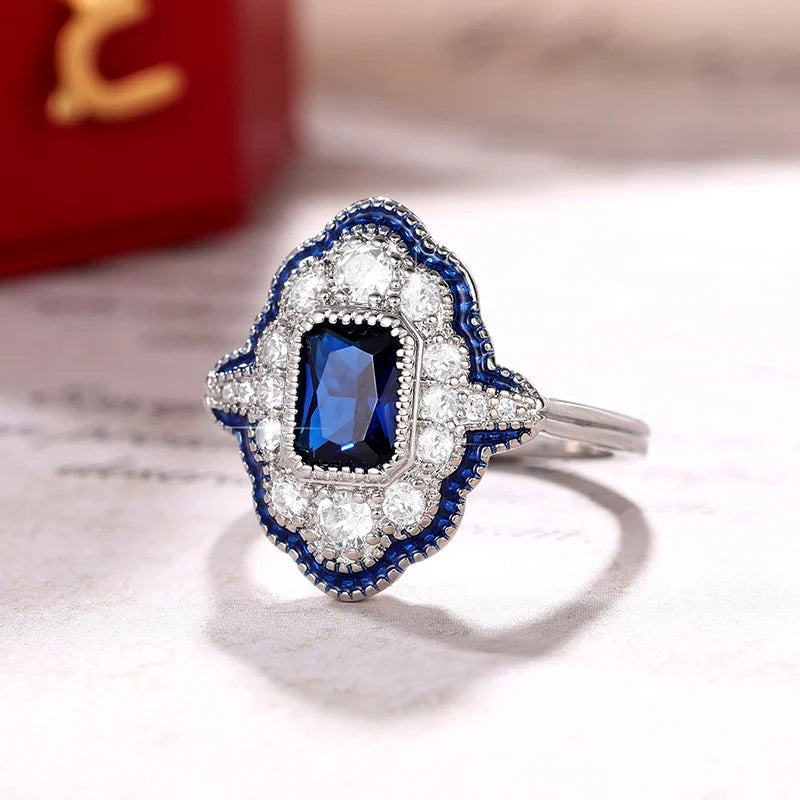 Huitan Blue Enamel Geometric Ring – CZ Vintage Women's Ring Fashion Ring Axl
