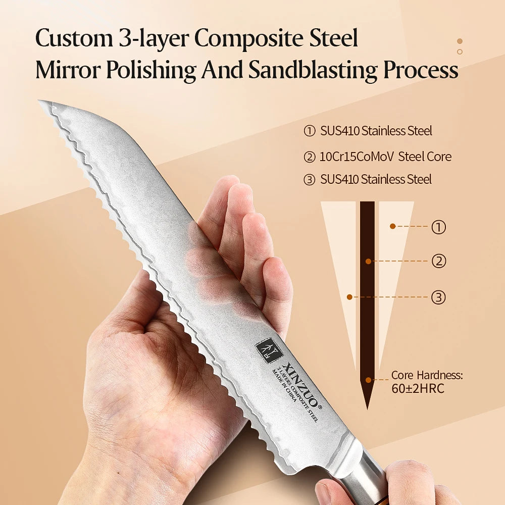 XINZUO 8.5" Bread Knife – 3-Layer Steel & Pakkawood Handle Bread Knife Axl