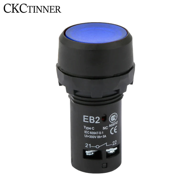 22mm Momentary Push Button Switch with Pilot Light | EB2-10DN Push Button Switch Axl blue DC24V NO