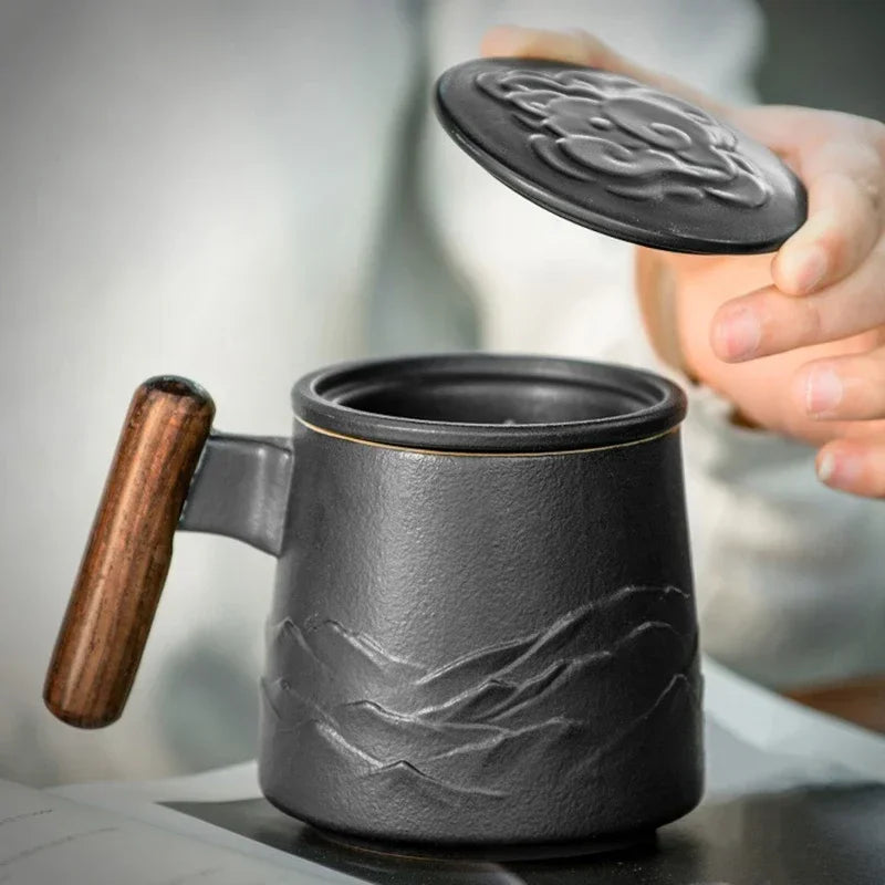 Vintage Ceramic Tea Mug with Wooden Handle, Strainer & Lid Ceramic Tea Mug Axl
