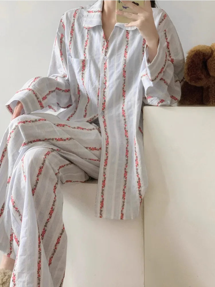 Women's Floral Striped Pajama Set – Soft Lapel Lounge Wear Women's Pajama Set Axl