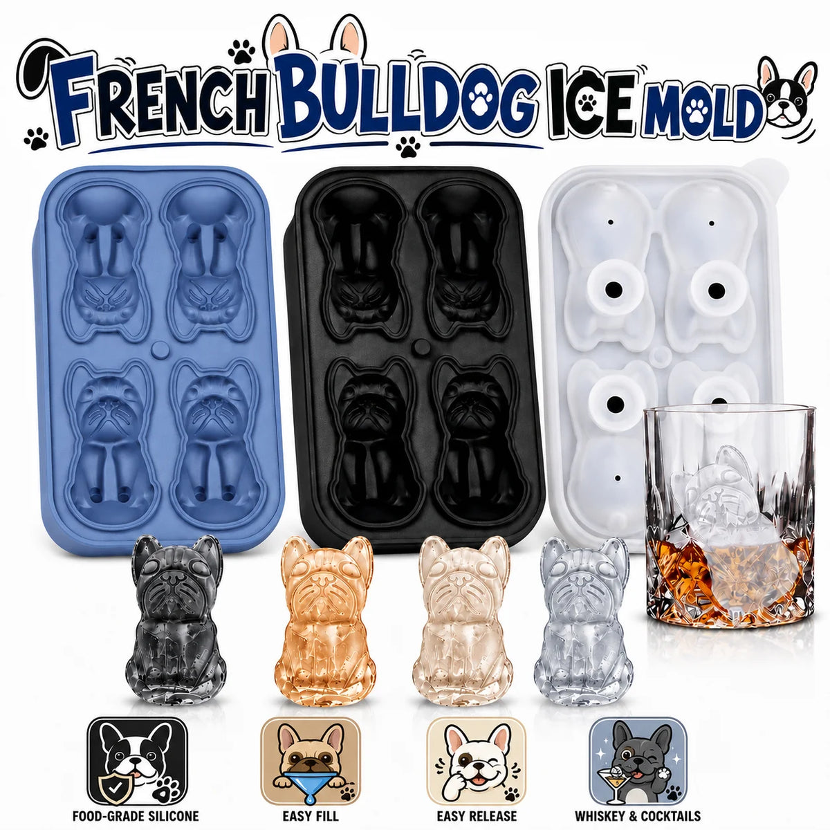 French Bulldog Silicone Ice Cube Mold – 4-Hole Tray & Funnel Silicone Ice Cube Mold Axl