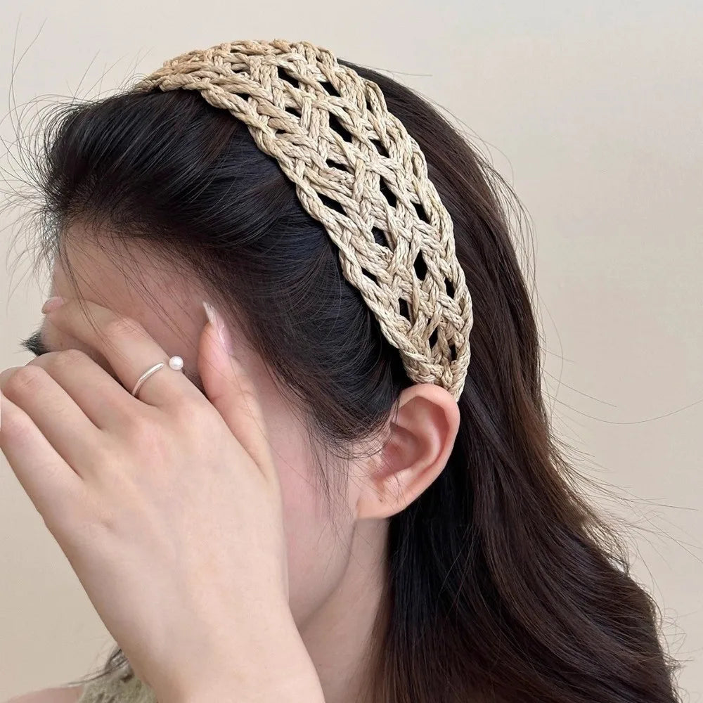 Hollow-Out Woven Straw Headband – Wide Hair Hoop for Women Woven Hair Headband Axl