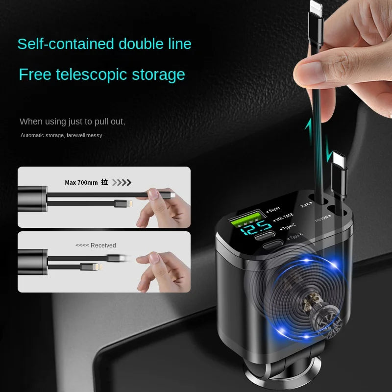 5-in-1 Car Charger with Retractable Cable | PD Fast Charge Car Phone Charger Axl