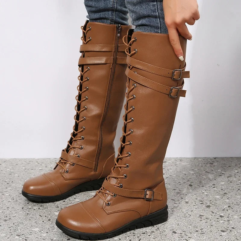 Women's Knee-High Gothic Combat Boots – Lace-Up PU Leather Knee-High Boots Axl Yellow brown 41