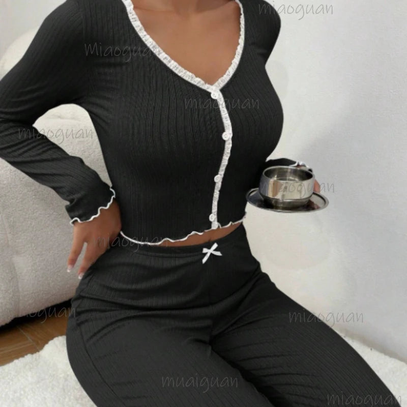 Women's Lace Trim Pajama Set – Long Sleeve Top & Trousers Women's Pajama Set Axl black S