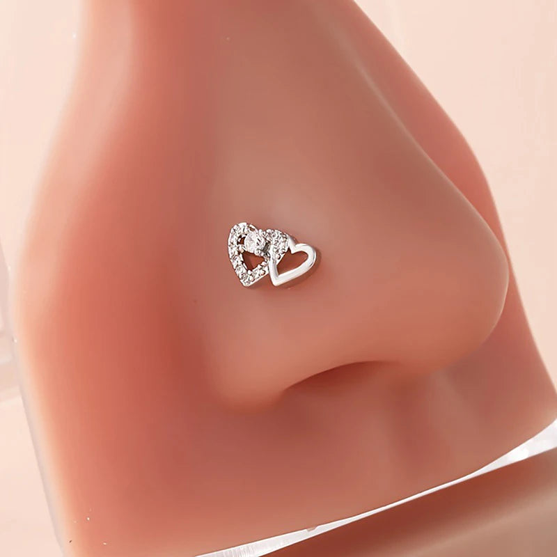 L-Shape Double Heart Zircon Nose Stud Ring – Body Jewelry Body Jewelry Axl
