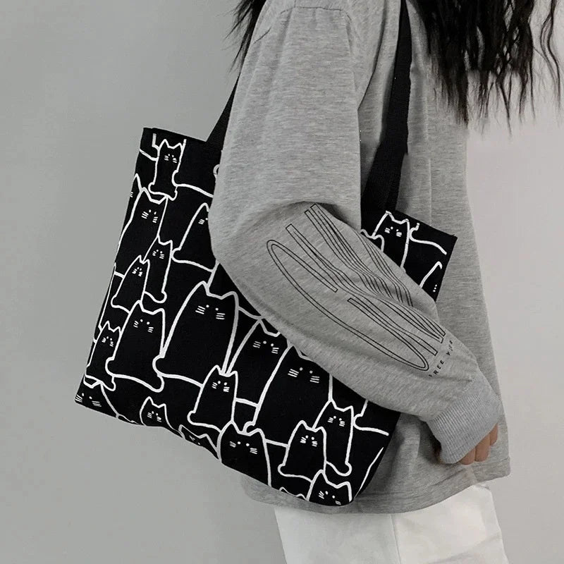 Cute Cat Canvas Tote Bag | Japanese Style Zip Shoulder Bag Canvas Tote Bag Axl