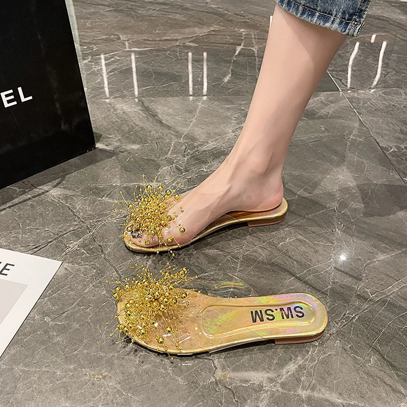 Women's Pearl Flat Slippers – Elegant Transparent Beach Slides Women's Flat Slippers Axl