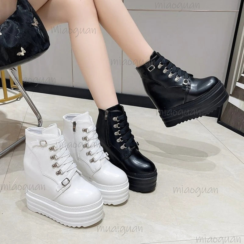 Women's 6CM Platform Wedge Ankle Boots – Metal Buckle Strap Platform Wedge Boots Axl