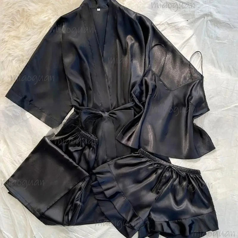 Women's 4-Piece Satin Kimono Pajama Set – Silky Loungewear Pajama Set Axl