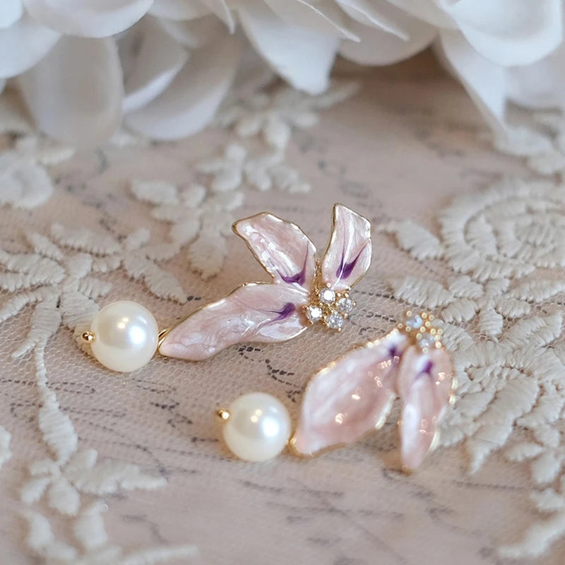 Huitan Pink Enamel Flower & Pearl Drop Earrings | Women Drop Earrings Axl