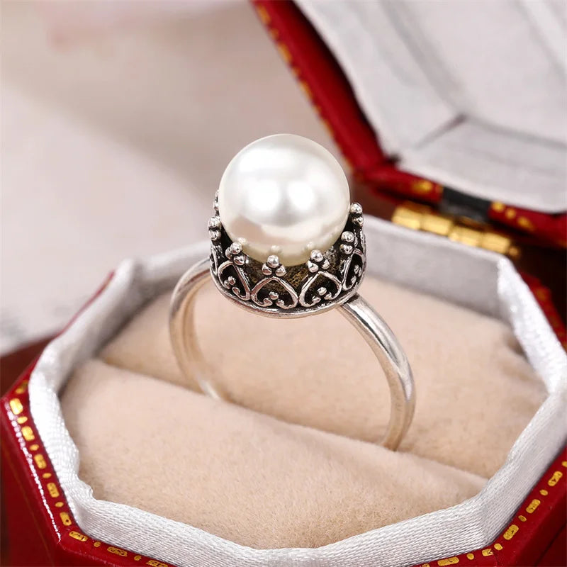 Huitan Vintage Imitation Pearl Ring Women – Antique Silver Fashion Pearl Ring Axl